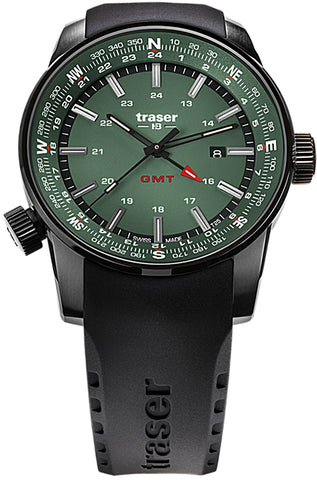 Traser P68 Pathfinder GMT Tritium Watch, Dual Time, Green Dial, Rubber Dive Strap 109744