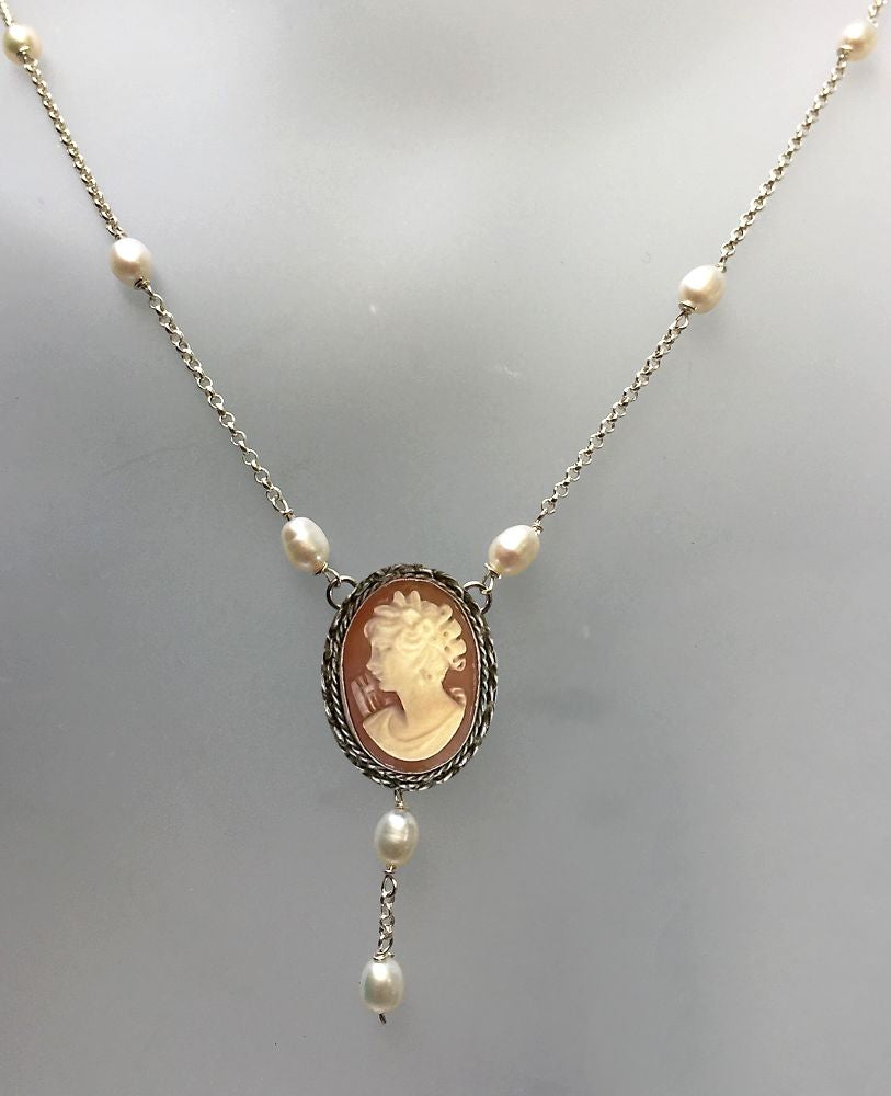 Hand Carved Cameo Necklace Accented by Freshwater Pearls – Gem of