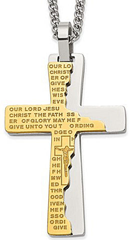 Chisel Broken Cross Pendant, Stainless Steel and Goldtone, 24" Stainless Steel Curb Chain, SRN2806