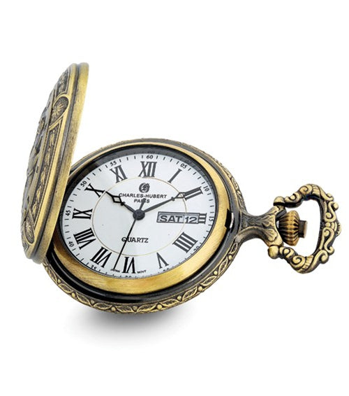 Railroad Closing Cover Pocket Watch, Antiqued Goldtone Locomotive