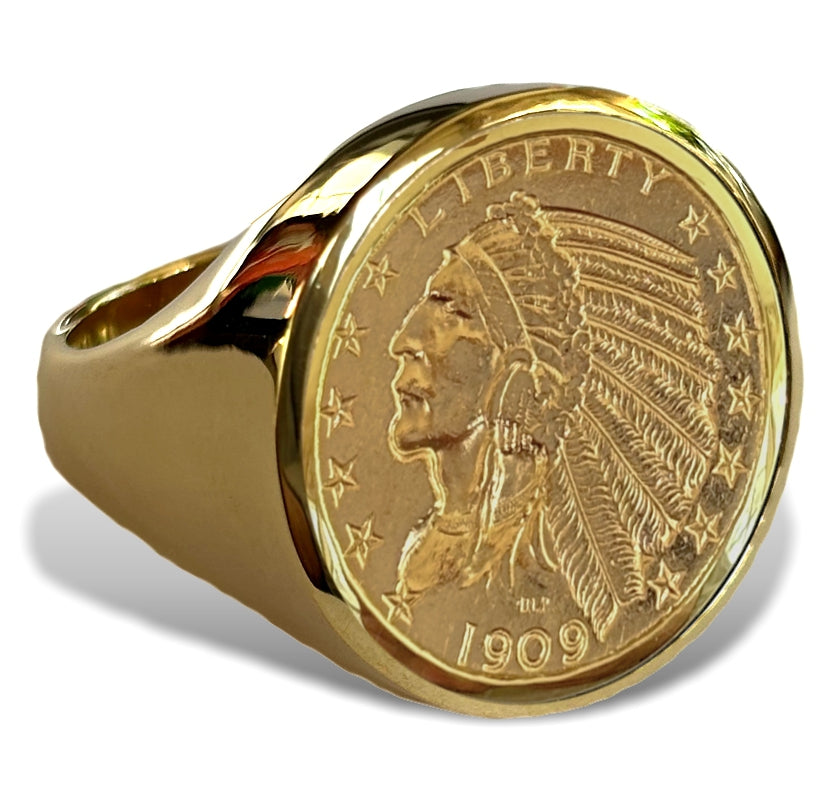 Men's Rare Half Eagle Indian Head Gold Coin Ring, Large and Dramatic, in Your Choice of 10k, 14k 0r 18k Gold