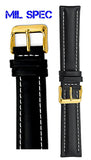 MilSpec Black Leather Watch Strap, Padded and Stitched, Multiple Lug Widths
