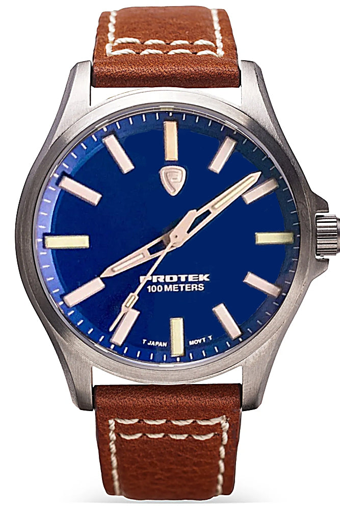 Protek 3000 Series Field Watch, Titanium Case, Blue Dial, Leather