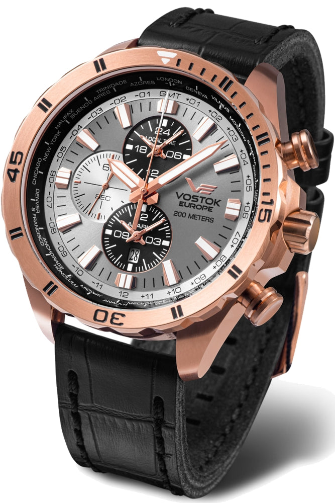 Vostok-Europe World Time Pilot's Watch with Alarm, Rose PVD Steel