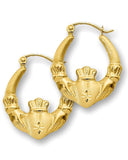 Small Claddagh Puffed Hoop Earrings, Diamond Cut and Satin Finish, 10k Gold