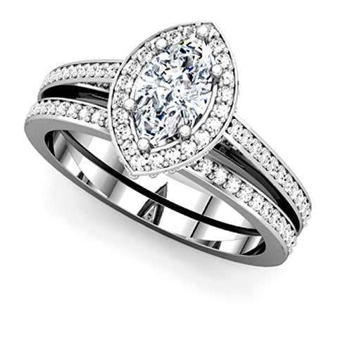 Marquise Diamond Halo Engagement Ring and Wedding Band Set