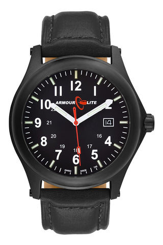 ArmourLite Field Series Tritium Watch, Black PVD Steel Case, Black Leather Strap, AL114