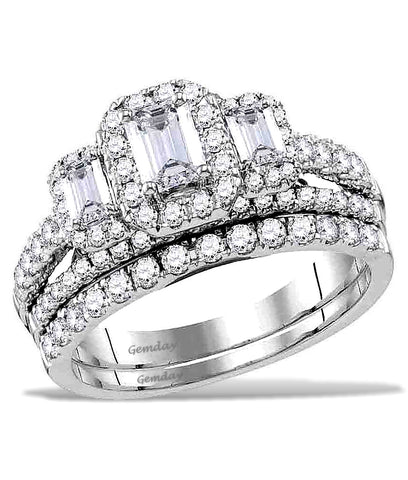 Three Emerald Cut Diamonds, Halo Diamond Bridal Set, 14k White Gold, 1 1/2 carat total weight