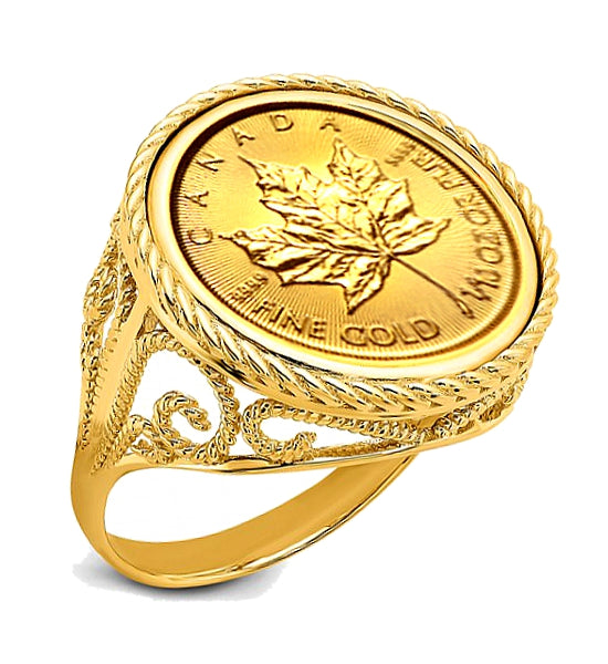 14k Woman's Coin Ring, Your Choice of Canadian Maple Leaf or USA