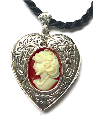 Hand Carved Shell Cameo Set into a Sterling Silver Heart Shaped Locket From DiVinci Cameos