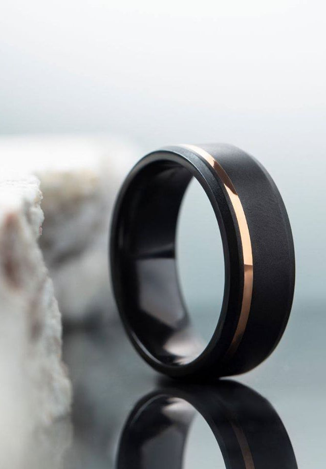 Hidden Blush Black Zirconium and 14k Rose Gold Wedding Band by Lashbrook
