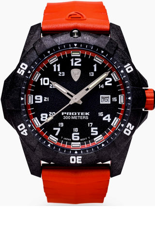 Protek 1000 Series Dive Watch, 300 meters WR, Tritium, Orange Accents and Orange Rubber Strap, 1004O
