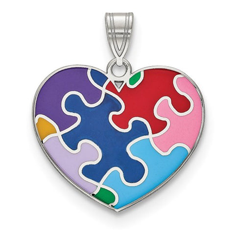 Enameled Heart Pendant, Autism Puzzle Design on Sterling Silver Pendant