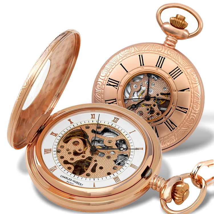 Charles-Hubert Paris Rose Goldtone Skeleton 17 Jewel Pocket Watch XWA2754