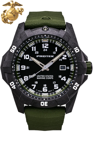 Protek PT1015G USMC – US Marine Corps Dive Watch, 300M WR, Black & Green with Tritium Illumination, Green Rubber Strap