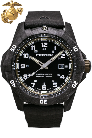 Protek PT1016 USMC – US Marine Corps Dive Watch, 300M WR, Black & Desert with Tritium Illumination, Rubber Strap