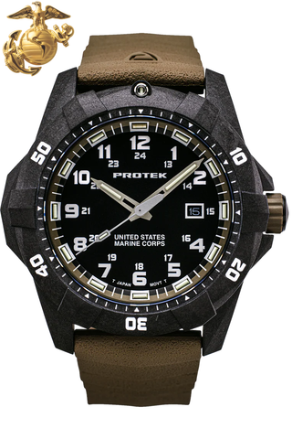 Protek PT1016D USMC – US Marine Corps Dive Watch, 300M WR, Black & Desert with Tritium Illumination, Desert Rubber Strap
