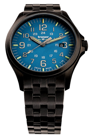 Traser P67 Officer Pro, Sky Blue Glowing Dial plus Tritium Watch, Black PVD Steel Bracelet 108740