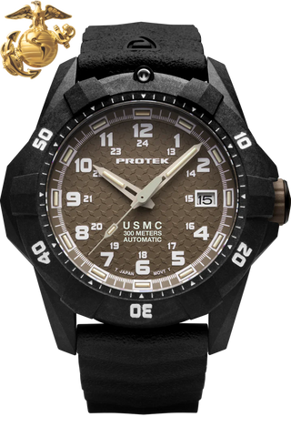 Protek PT1216 USMC Automatic – US Marine Corps Dive Watch, 300M WR, Black & Desert with Tritium Illumination, Rubber Strap