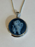 Kitty Cat Blue Agate Cameo Pendant in a Sterling Silver Frame