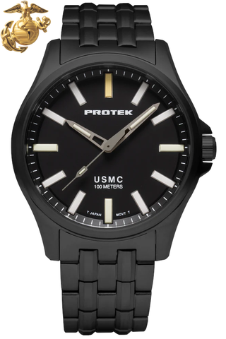 Protek PT3102BR – Black Titanium USMC Field Watch, 100M WR, Black Dial with Tritium T100 Illumination, Black Titanium Bracelet