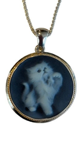 Kitty Cat Blue Agate Cameo Pendant in a Sterling Silver Frame