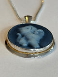Kitty Cat Blue Agate Cameo Pendant in a Sterling Silver Frame