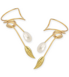 Freshwater Pearl with Nature's Leaf Wrap Earcuff Earrings in 18k Yellow Gold Over Sterling Silver
