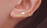 Freshwater Pearl with Nature's Leaf Wrap Earcuff Earrings in 18k Yellow Gold Over Sterling Silver