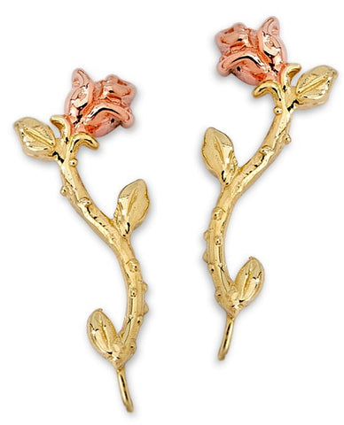 14k Rose and Yellow Gold Long Stem Rose Ear Pin Earrings