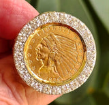 The Gold Rush Nugget Coin Ring, BIGGER DIAMONDS 2 carats total weight, Indian Quarter Eagle Gold Coin