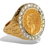 The Gold Rush Nugget Coin Ring, BIGGER DIAMONDS 2 carats total weight, Indian Quarter Eagle Gold Coin