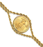 Coin Bracelet - 14k Solid Gold Double Rope Chain Bracelet with 1/10th ounce Walking Liberty Coin