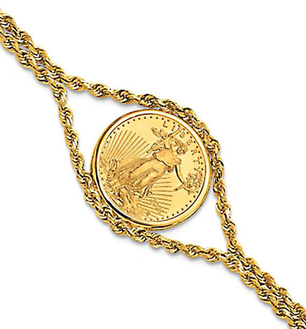 Coin Bracelet - 14k Solid Gold Double Rope Chain Bracelet with 1/10th ounce Walking Liberty Coin