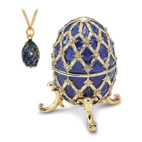 Bejeweled Crystal, Enameled GRAND ROYAL BLUE Musical Egg with Matching 18 Inch Necklace