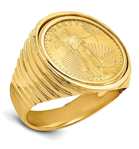 Wideband's Ribbed Design Ring, including the USA 1/10th ounce Gold Eagle Coin
