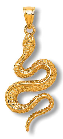 14k Gold Snake Pendant, 3-Dimensional, Highly Detailed Textured Finish, 1 1/2 inch length