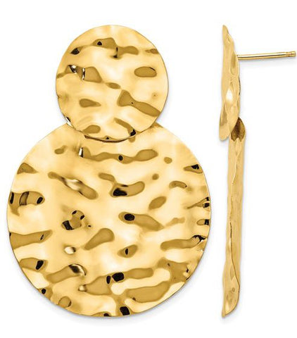 14k Gold Large Hammered, High Polished Dangle Post Earrings