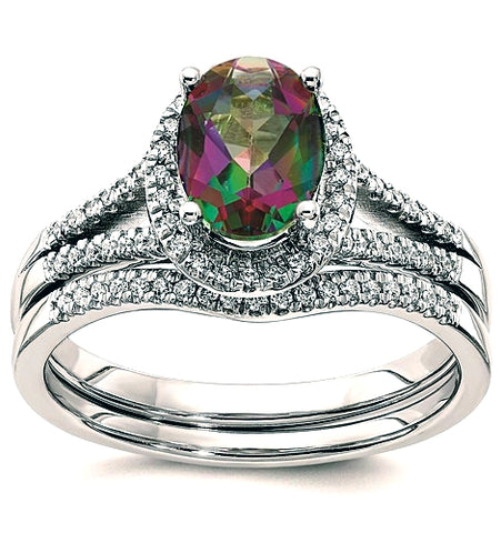 Diamond Halo Engagement and Wedding Ring featuring a 1.6 carat Mystic Fire Topaz Center Stone