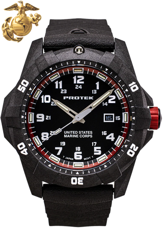 Protek PT1012 USMC – US Marine Corps Dive Watch, 300M WR, Black & Red with Tritium Illumination, Rubber Strap