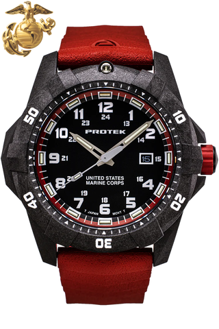 Protek PT1012R USMC – US Marine Corps Dive Watch, 300M WR, Black & Red with Tritium Illumination, Red Rubber Strap