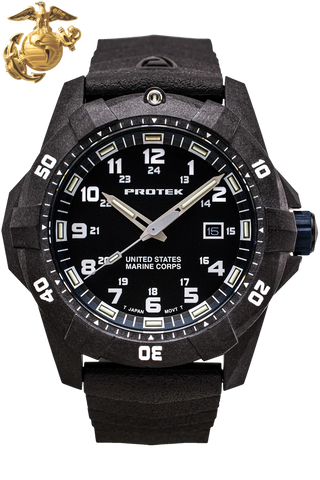 Protek PT1013 USMC – US Marine Corps Dive Watch, 300M WR, Black & Blue with Tritium Illumination, Rubber Strap