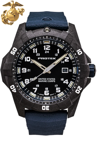 Protek PT1013B USMC – US Marine Corps Dive Watch, 300M WR, Black & Blue with Tritium Illumination, Blue Rubber Strap