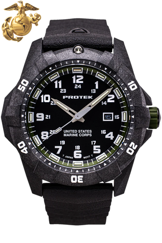 Protek PT1015 USMC – US Marine Corps Dive Watch, 300M WR, Black & Green with Tritium Illumination, Rubber Strap