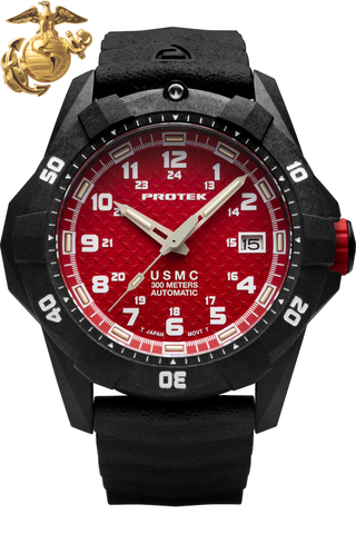 Protek PT1212 USMC Automatic – US Marine Corps Dive Watch, 300M WR, Black & Red with Tritium Illumination, Rubber Strap