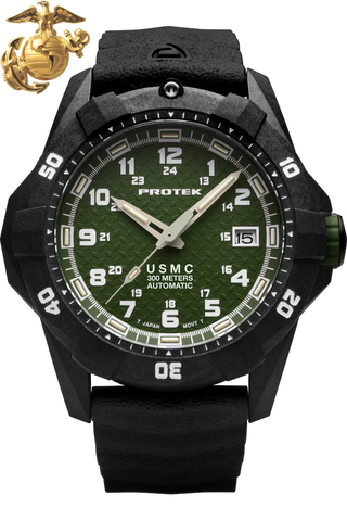 Protek PT1215 USMC Automatic – US Marine Corps Dive Watch, 300M WR, Black & Green with Tritium Illumination, Rubber Strap