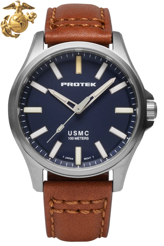 Protek PT3103 – Titanium USMC Field Watch, 100M WR, Blue Dial with Tritium T100 Illumination, Leather Strap