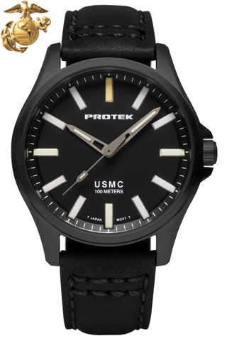 Protek PT3102 – Black Titanium USMC Field Watch, 100M WR, Black Dial with Tritium T100 Illumination, Black Leather Strap