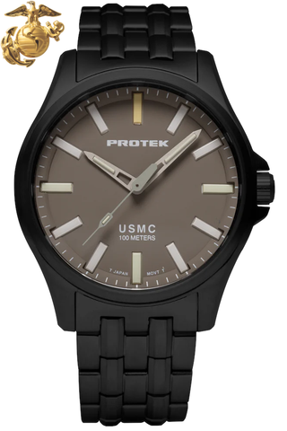 Protek PT3106BR – Black Titanium USMC Field Watch, 100M WR, Sand Dial with Tritium T100 Illumination, Black Titanium Bracelet