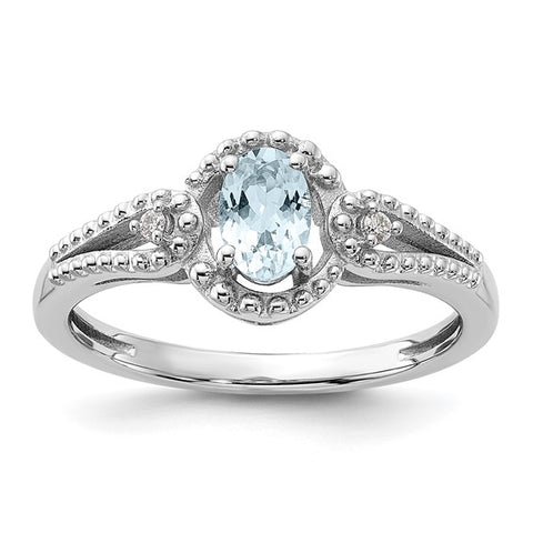 Genuine Diamond and Genuine Aquamarine Ring - March Birthstone Ring